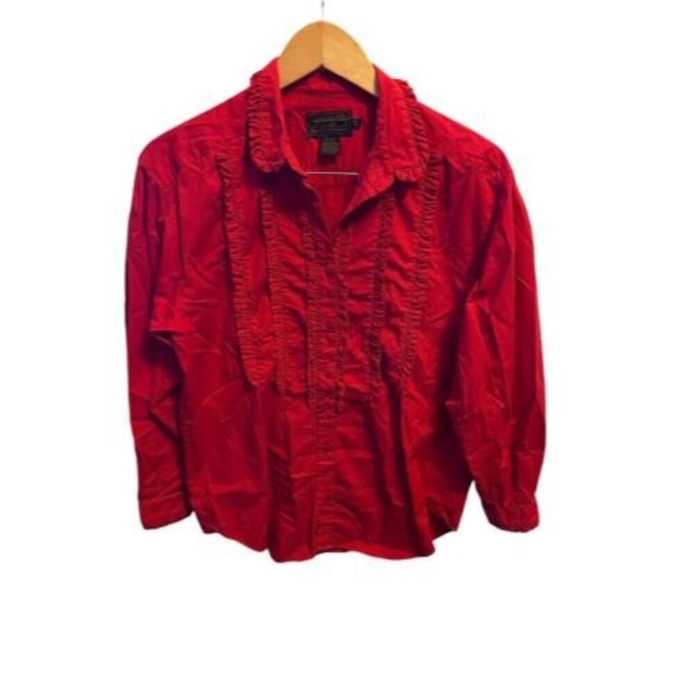 VTG Vintage Eddie Bauer Red Tuxedo Ruffled Top LS Size Medium shirt